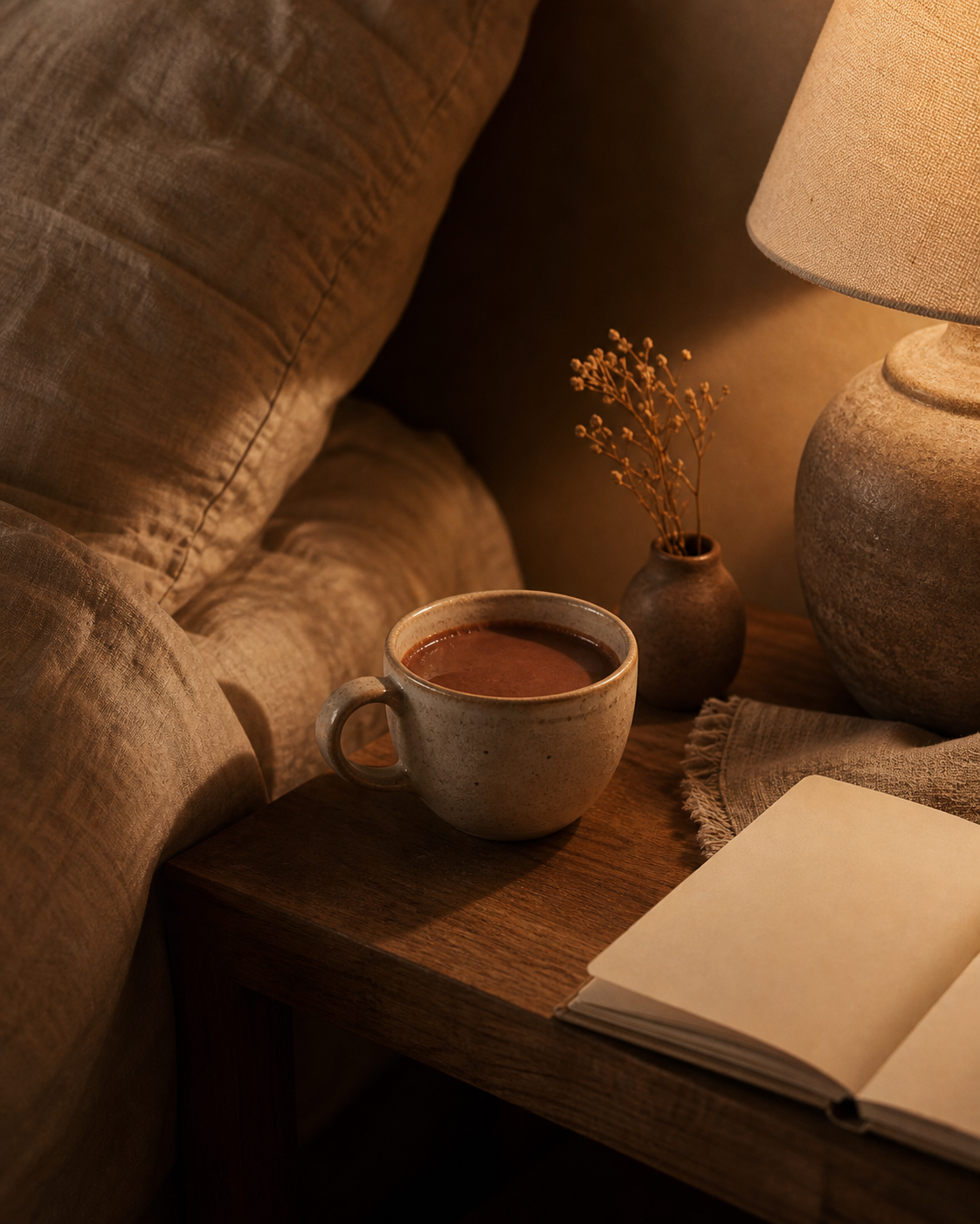 A bedside evening ritual with a warm mug of cacao