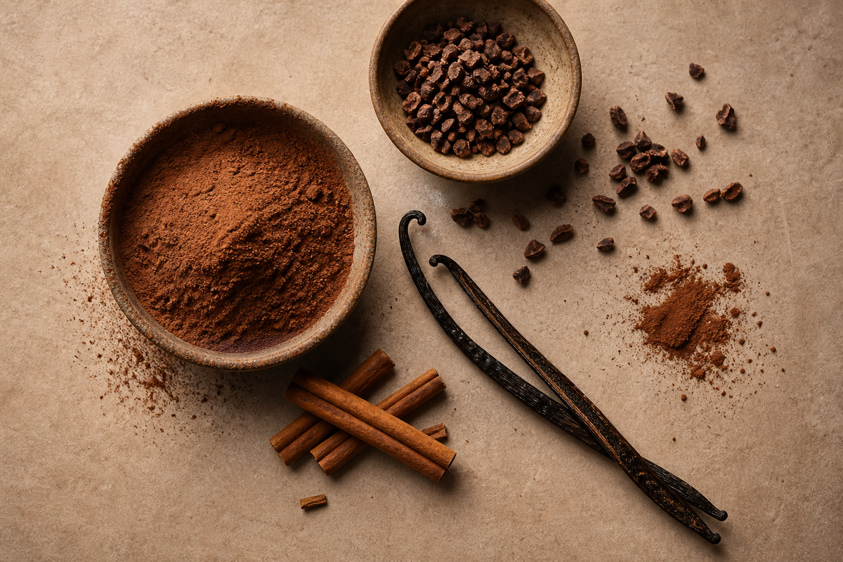 Cacao vanilla cinnamon and subtle spice ingredients