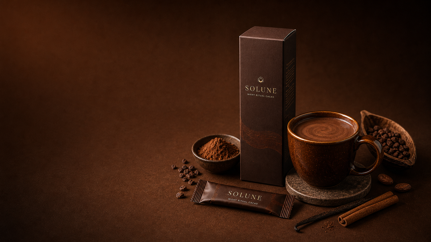 A warm mug of cacao with cacao powder, nibs, vanilla, cinnamon, and a slim Solune box