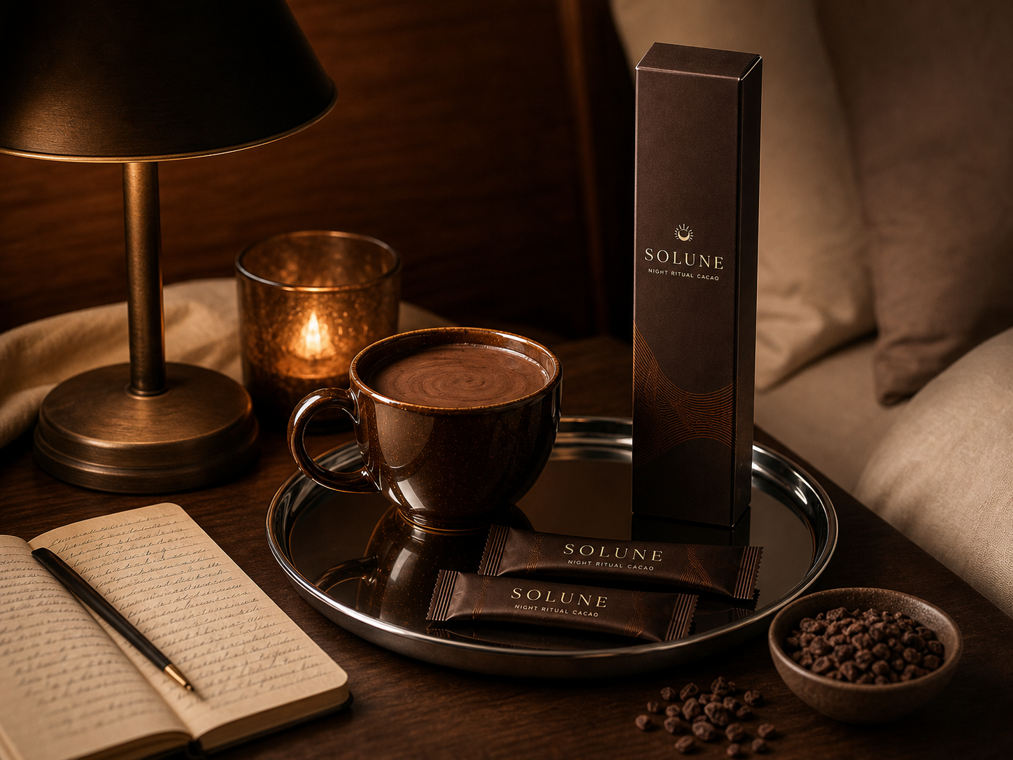 Solune cacao evening ritual with mug, slim box, stick packs, journal, and warm lamp light