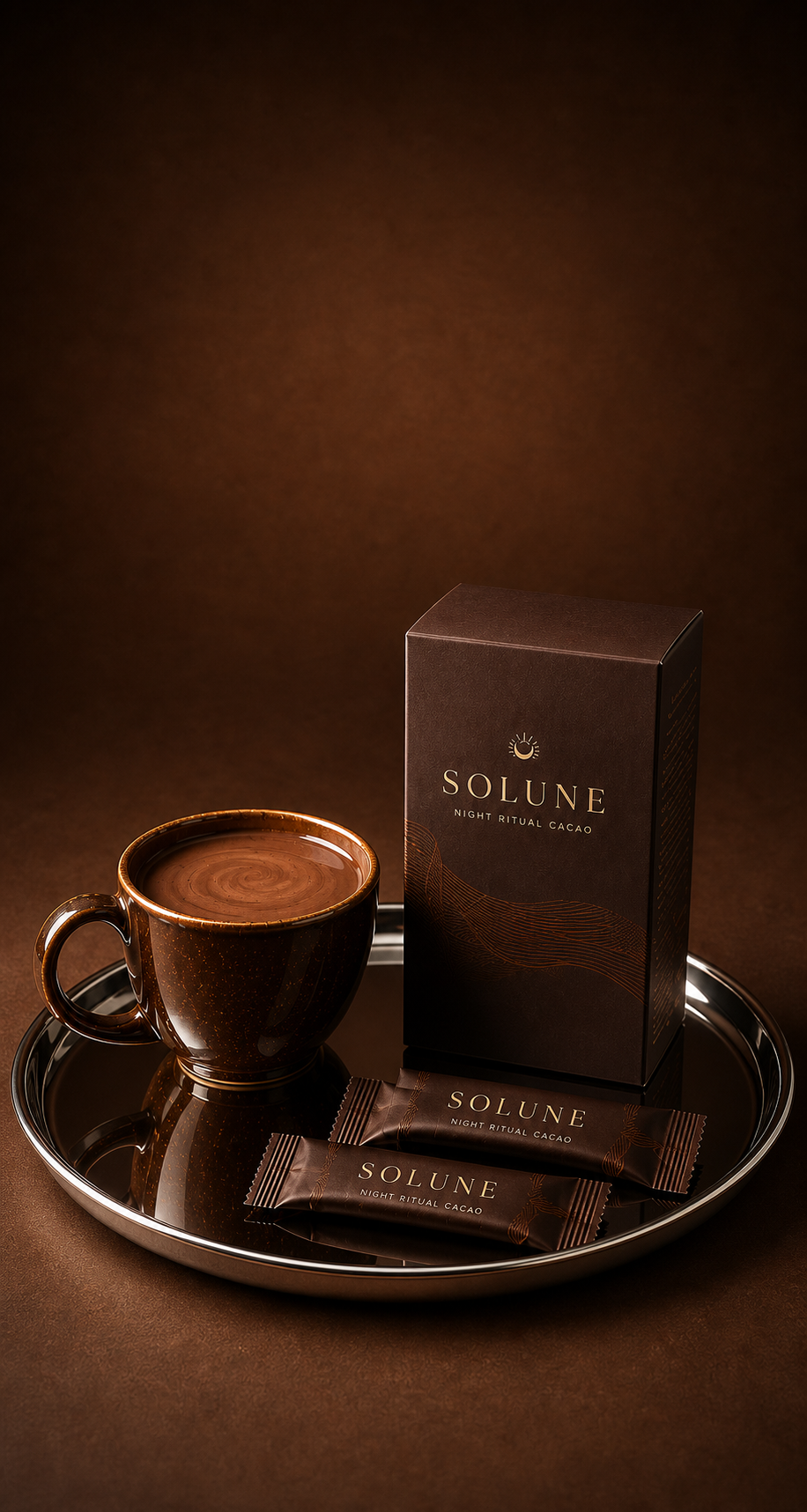 Solune Night Ritual Cacao with mug and stick packs on a chrome tray