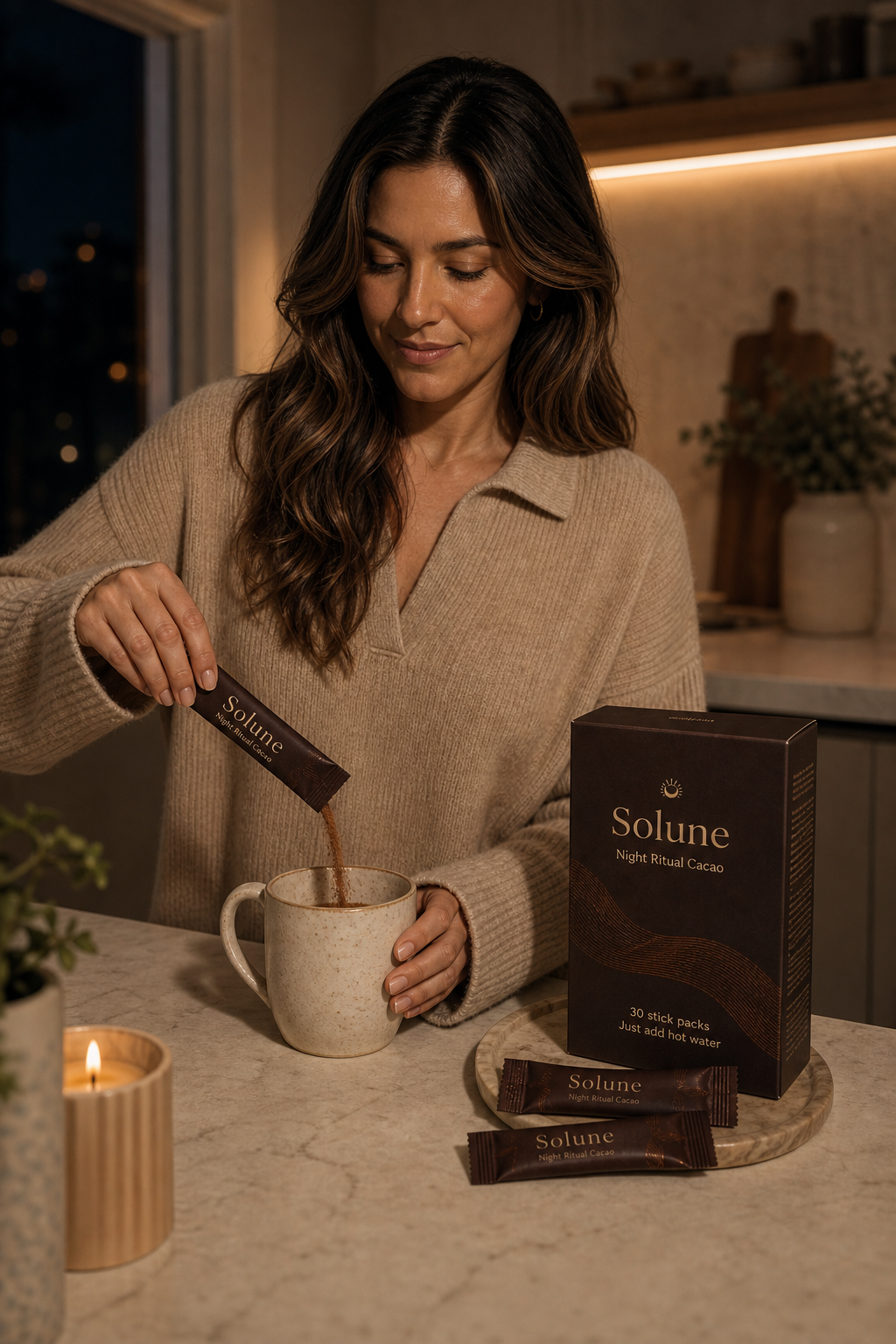 Preparing Solune cacao at a warm evening kitchen bench